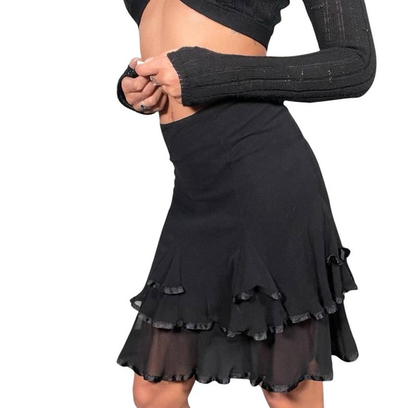 Vintage 2000s Black Mesh Skirt with Ruffle (XS-S) Made in Italy Festival Party - Picture 1 of 8